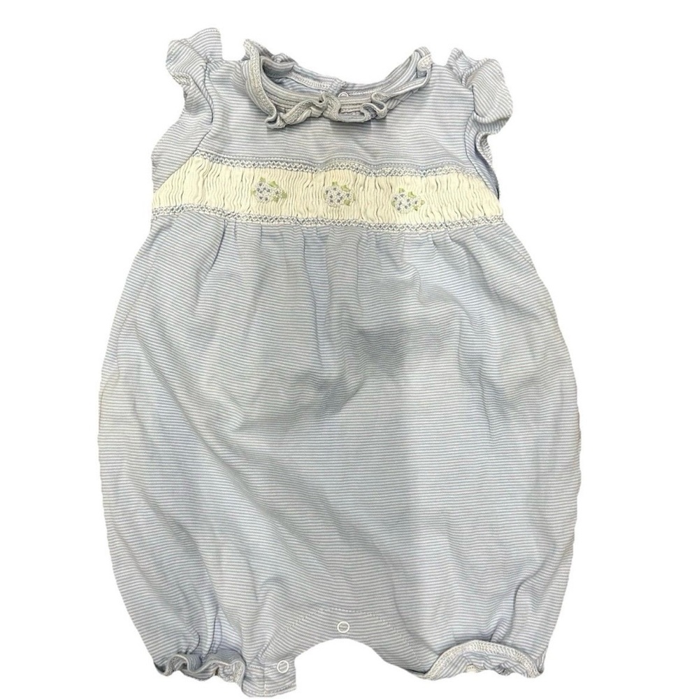 Nantucket Baby Girl Blue White Smocked Bubble Hydrangea Summer Size 6-9 Months